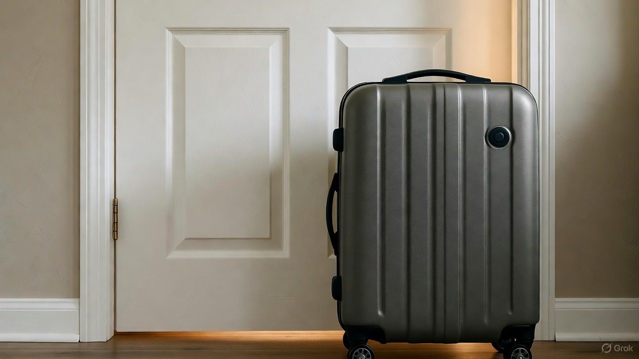 Maleta junto a una puerta lista para una nueva mudanza