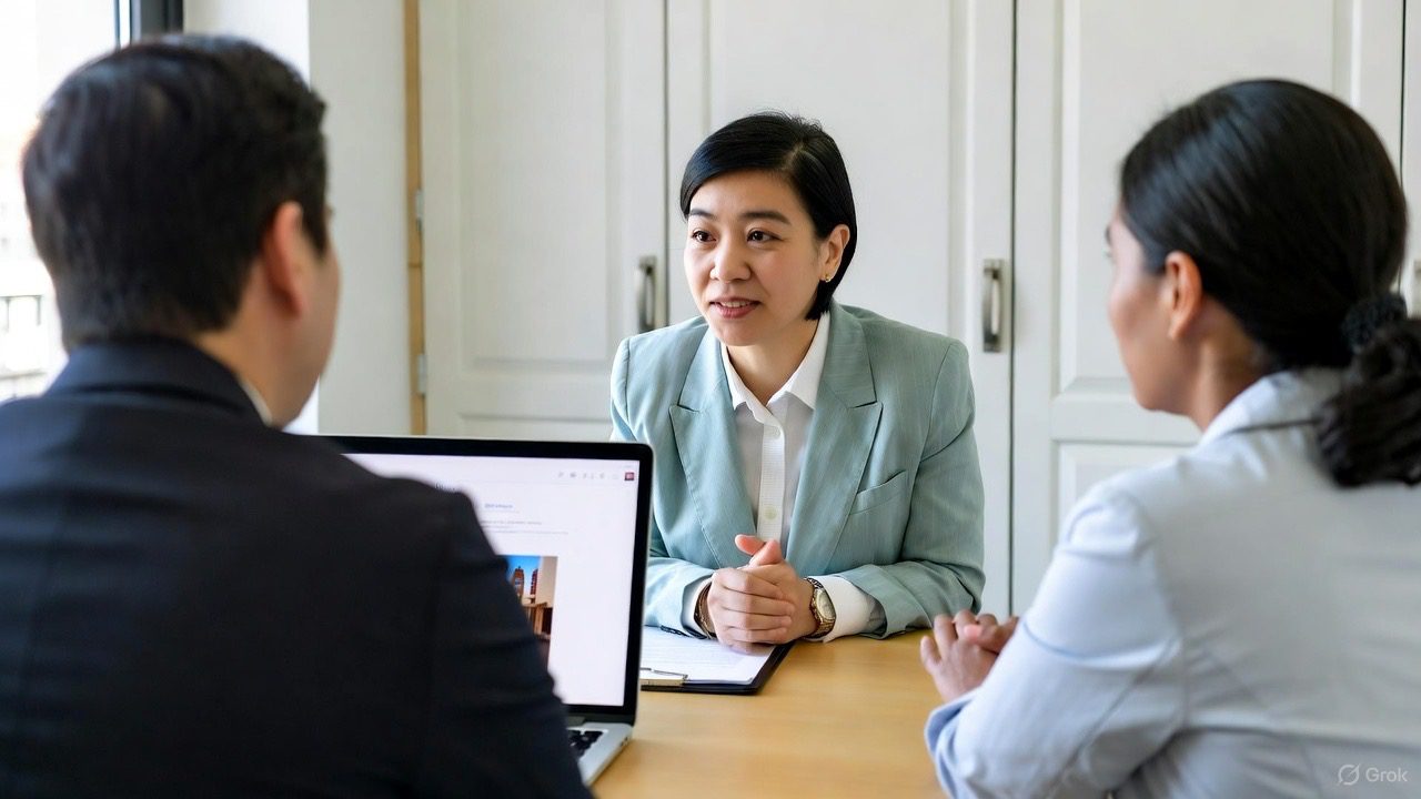 Reunión entre dos personas en una oficina hablando sobre alquiler