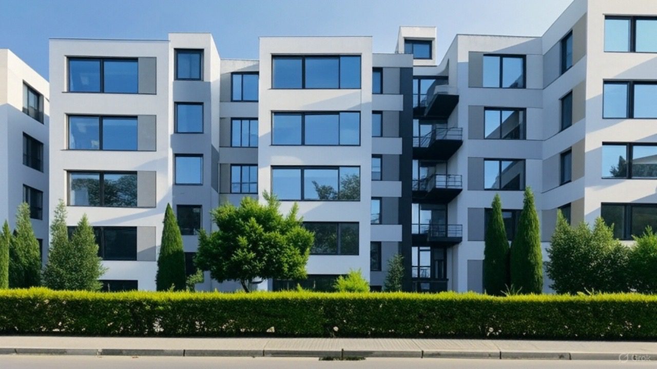 Fachada moderna de edificio residencial con varias viviendas