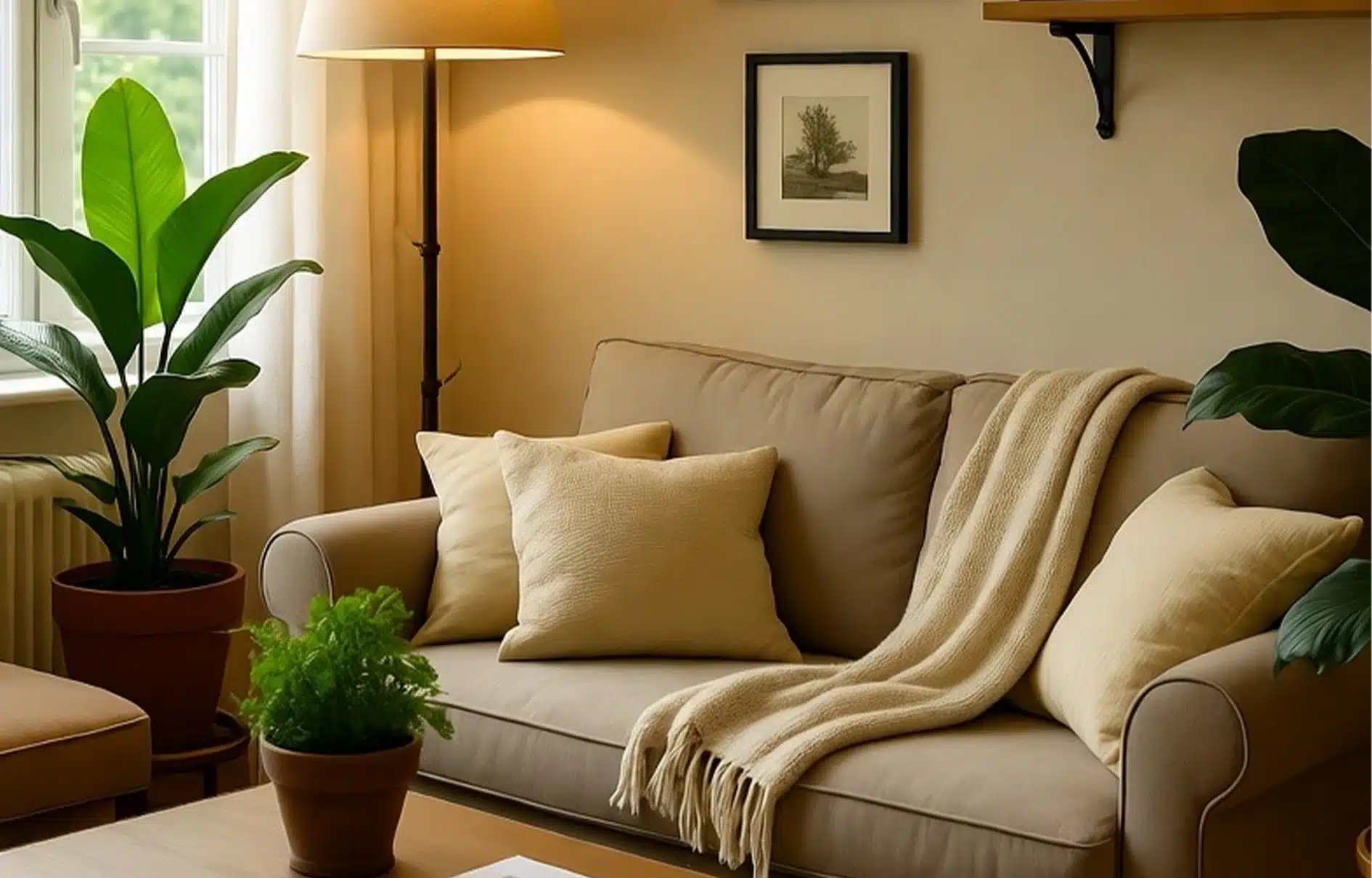 Salón acogedor con sofá y plantas junto a una ventana