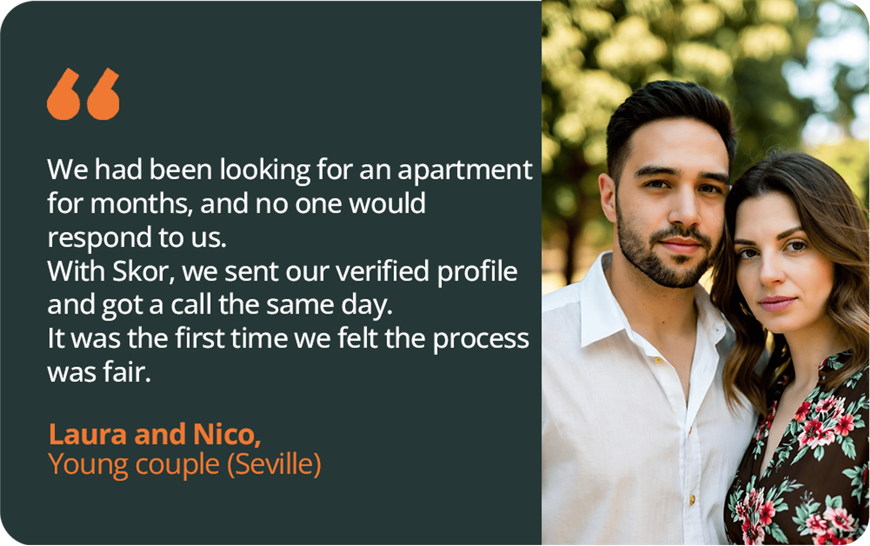 Pareja de inquilinos jóvenes en Sevilla compartiendo su experiencia con Skor