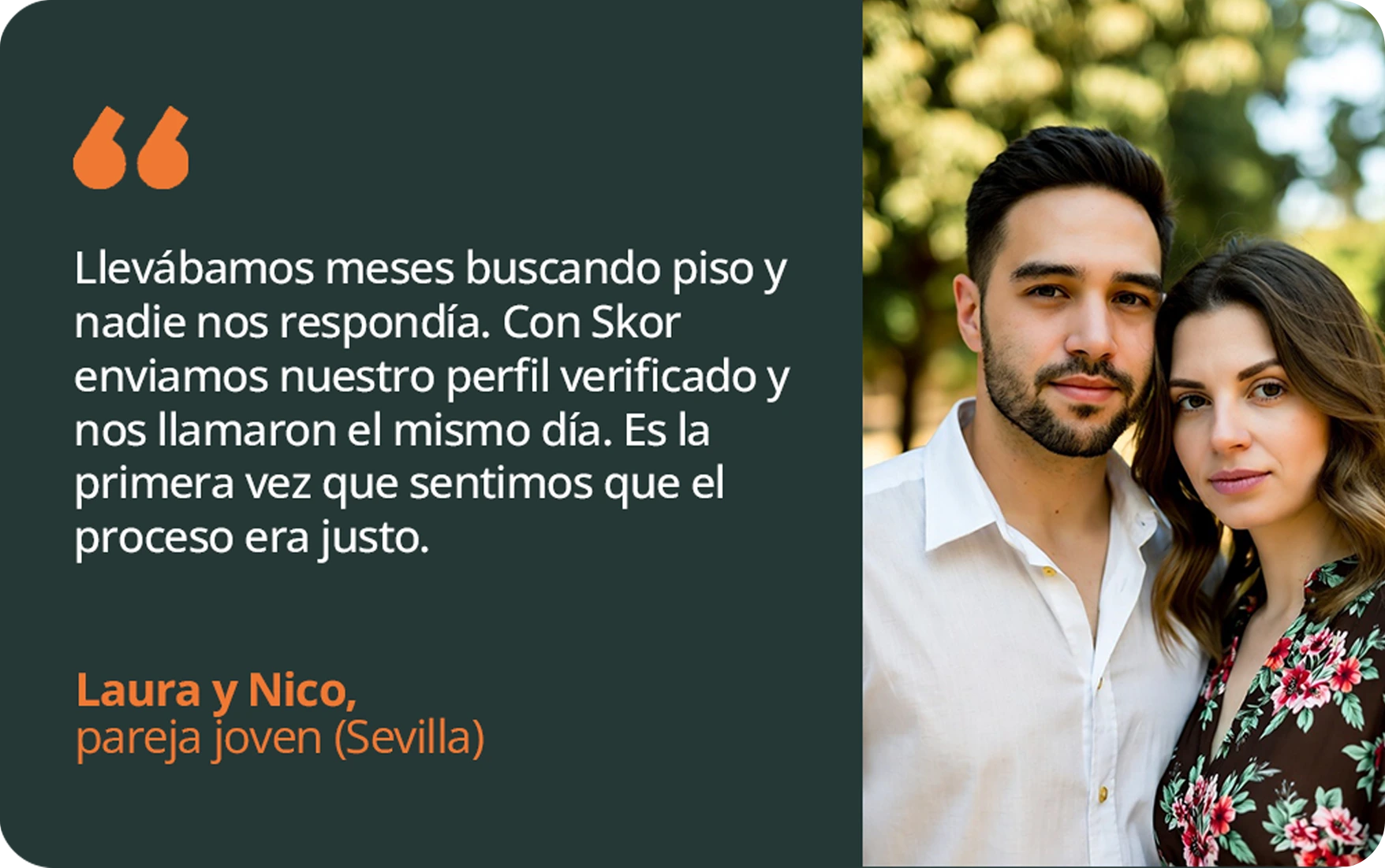 Pareja de inquilinos jóvenes en Sevilla compartiendo su experiencia con Skor