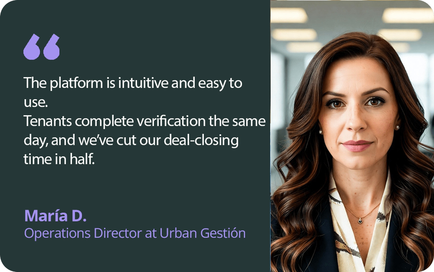 Retrato de María D., directora de operaciones, destacando la eficiencia de Skor