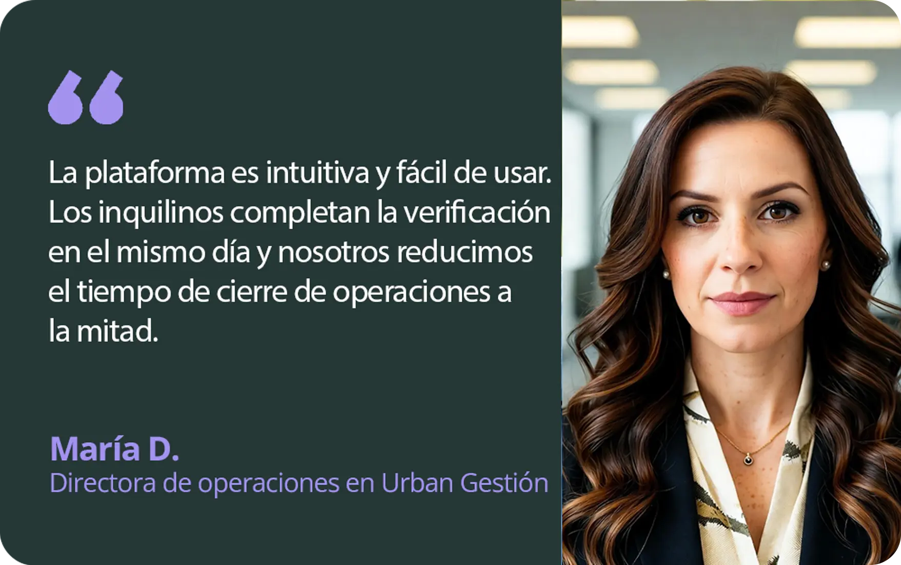 Retrato de María D., directora de operaciones, destacando la eficiencia de Skor