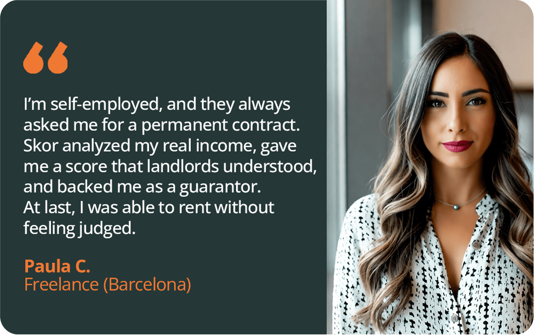 Retrato de Paula C., trabajadora autónoma que alquiló su vivienda gracias a Skor