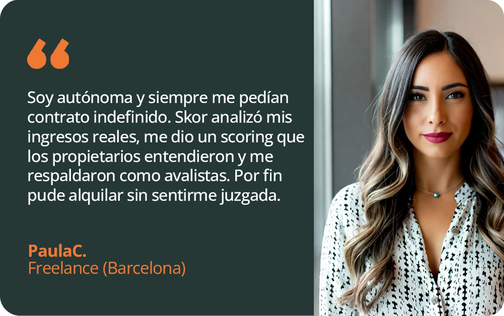 Retrato de Paula C., trabajadora autónoma que alquiló su vivienda gracias a Skor