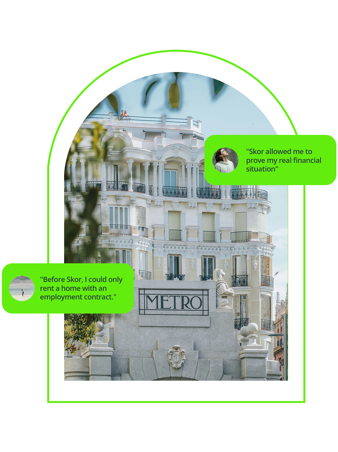 Imagen de portada de la sección “Sobre nosotros” de Skor, con testimonios de usuarios y fondo urbano de Madrid.