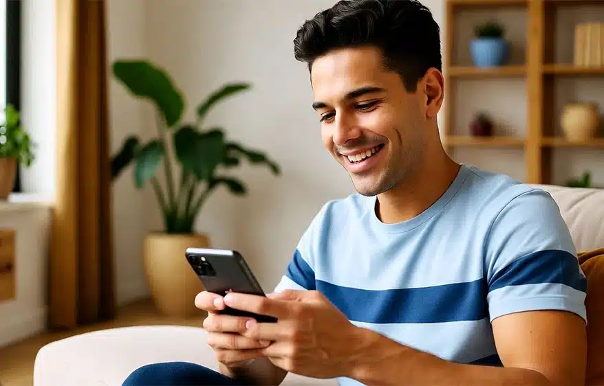 Hombre joven sonriendo mientras usa su móvil desde casa