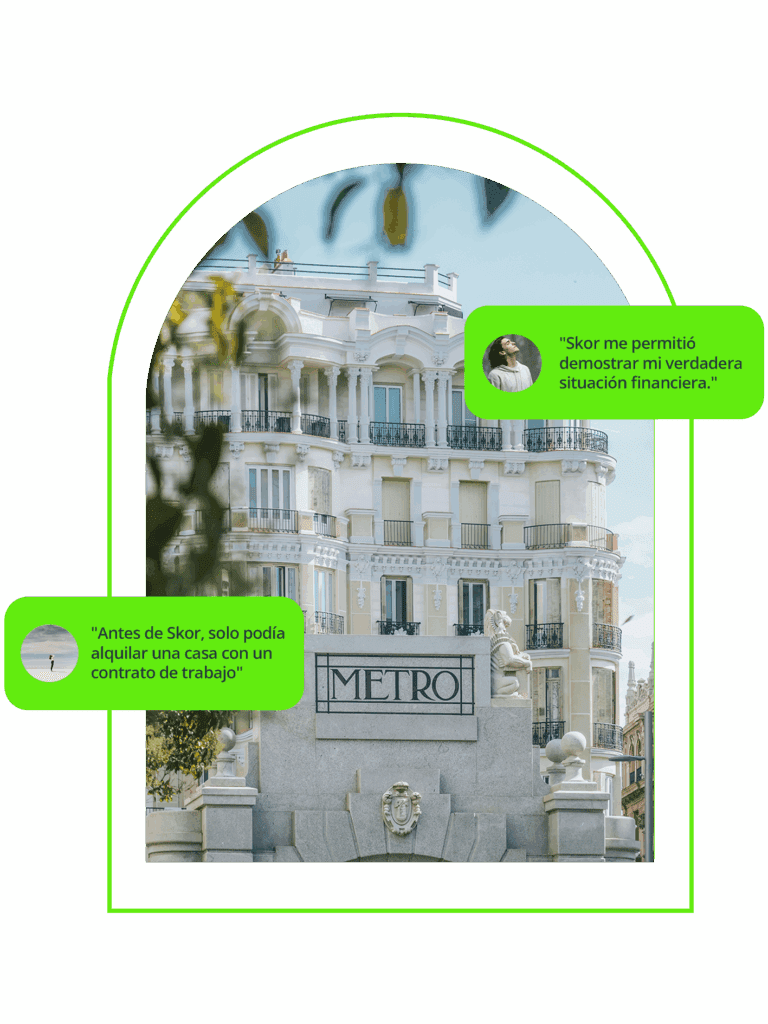Imagen de portada de la sección “Sobre nosotros” de Skor, con testimonios de usuarios y fondo urbano de Madrid.