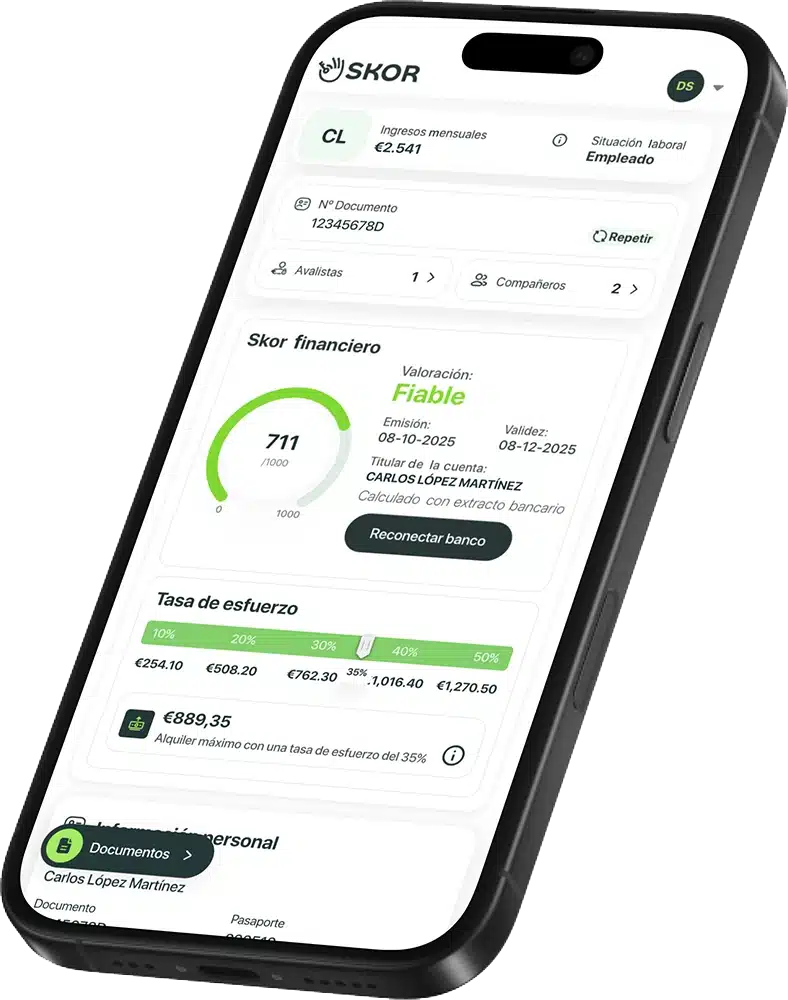 Vista del perfil financiero Skor en la pantalla de un teléfono móvil